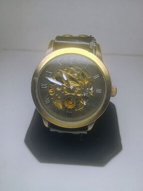 Source Unknown Gold Skeleton Mechanical Men's Watch with Black Strap